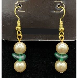 Handmade Frosted Green Glass & Faux Pearl Gold Tone Earrings by Neanie-Bot